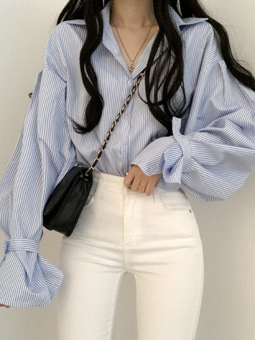 비앙카 스트라이프 퍼프 소매 셔츠