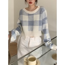 미우 체크 크롭 니트