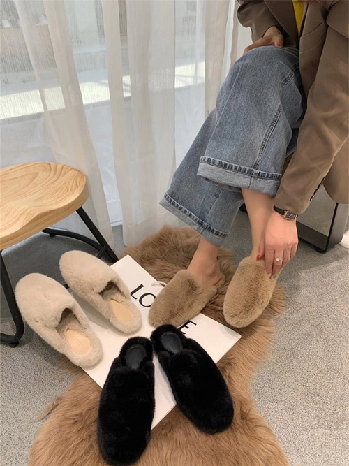 로코코 여성 퍼 슬리퍼