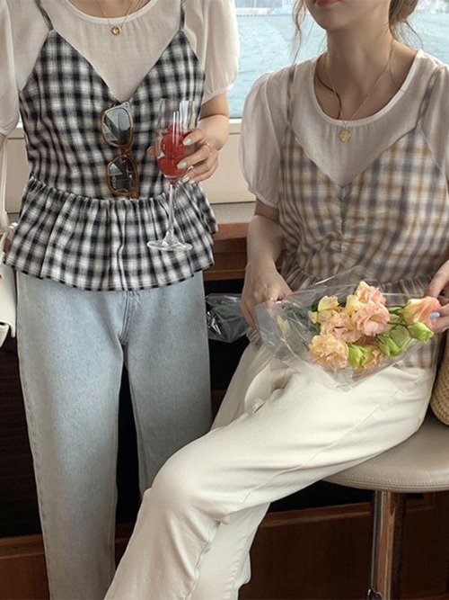 마드모아 체크 뷔스티에 블라우스