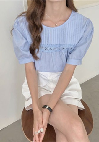 너링 핀턱 반팔 블라우스